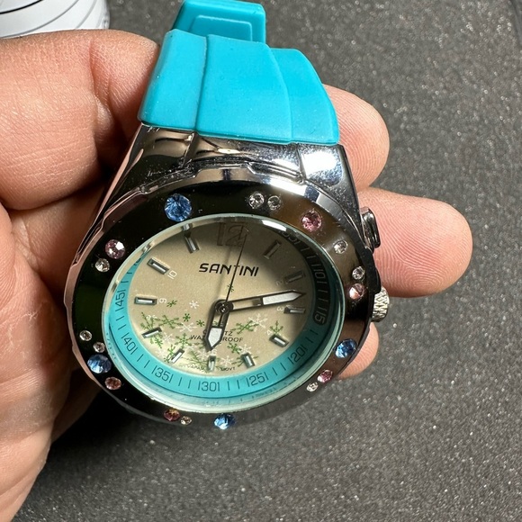 Santini Ladies Quartz Watch Analog Silver Tone Rhinestone Accent Blue Band Worki - Picture 7 of 8